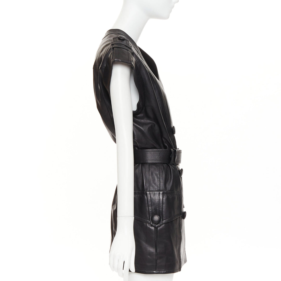 BALMAIN black lambskin leather XL gold buckle belted dress FR34 XXS
