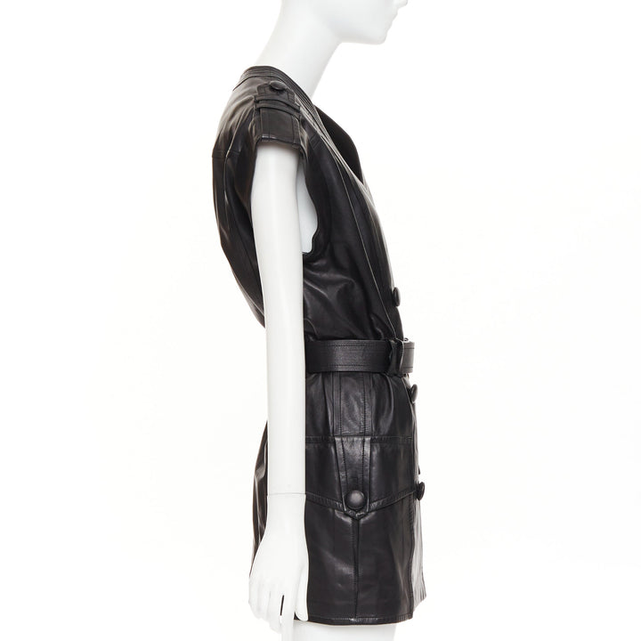 BALMAIN black lambskin leather XL gold buckle belted dress FR34 XXS