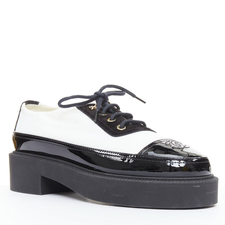 CHANEL 21B black white nylon patent leather trim CC brogue creepers EU38