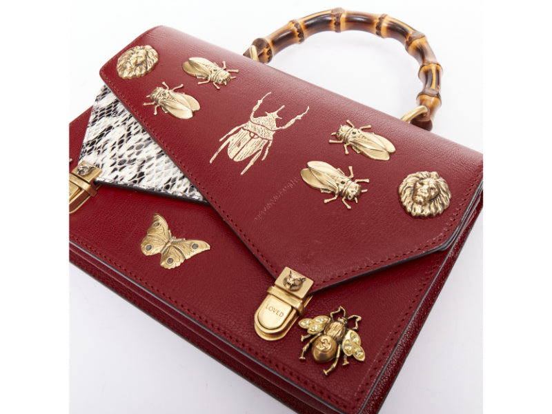 GUCCI Ottilia Bamboo Top Handle red gold insect embellished bag