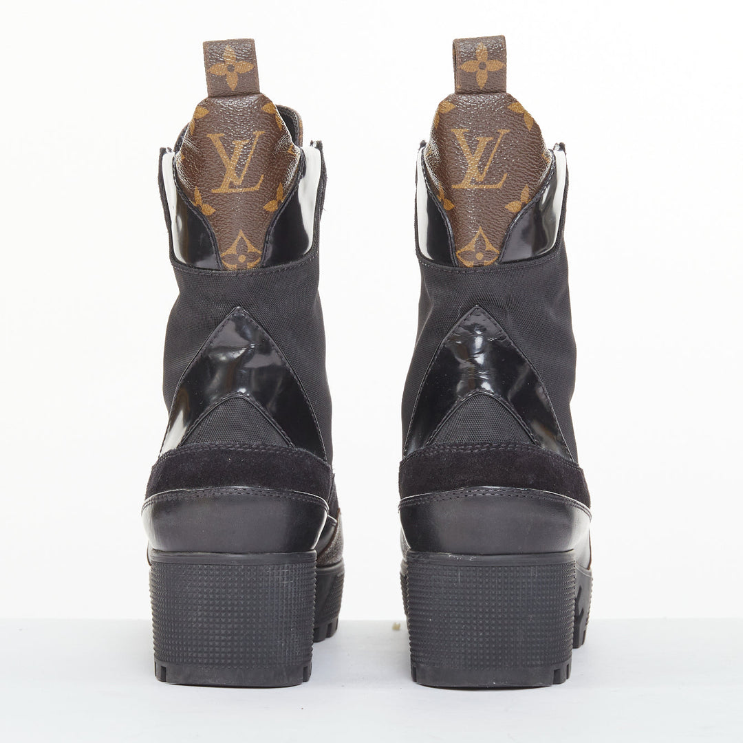 LOUIS VUITTON Laureate platform monogram black suede desert combat boot EU39 US9