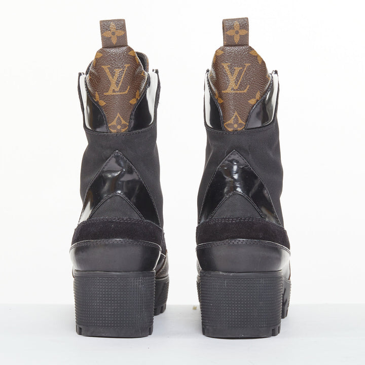 LOUIS VUITTON Laureate platform monogram black suede desert combat boot EU39 US9