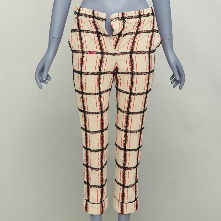 CHLOE Noir Rose black nude wool mohair plaid checked pants FR34 XS