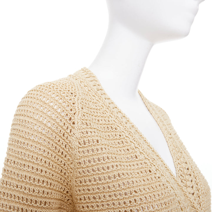 VINCE beige cream nude open work cotton mesh crochet knit button cardigan S