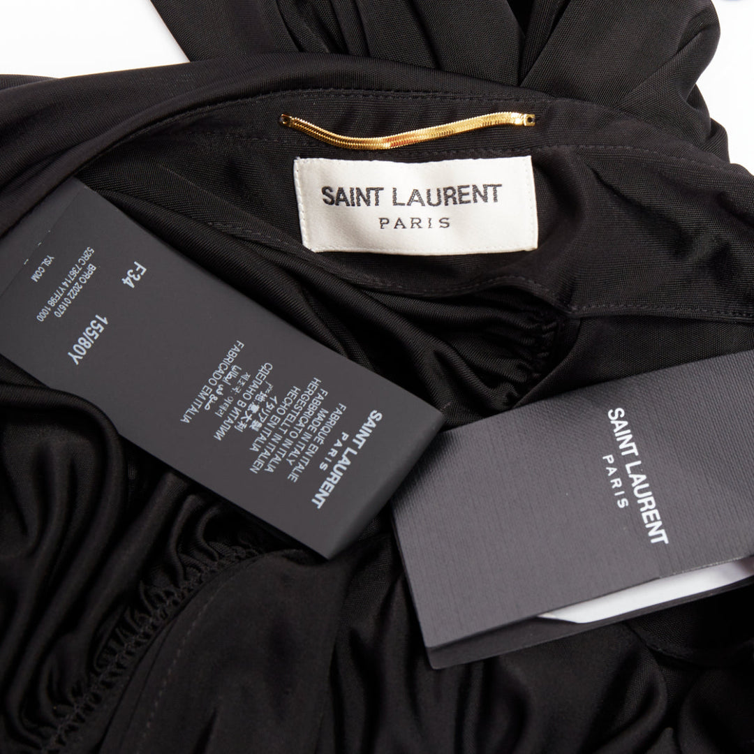 SAINT LAURENT 2023 black viscose jersey ruched one sleeve dress gown FR40 L