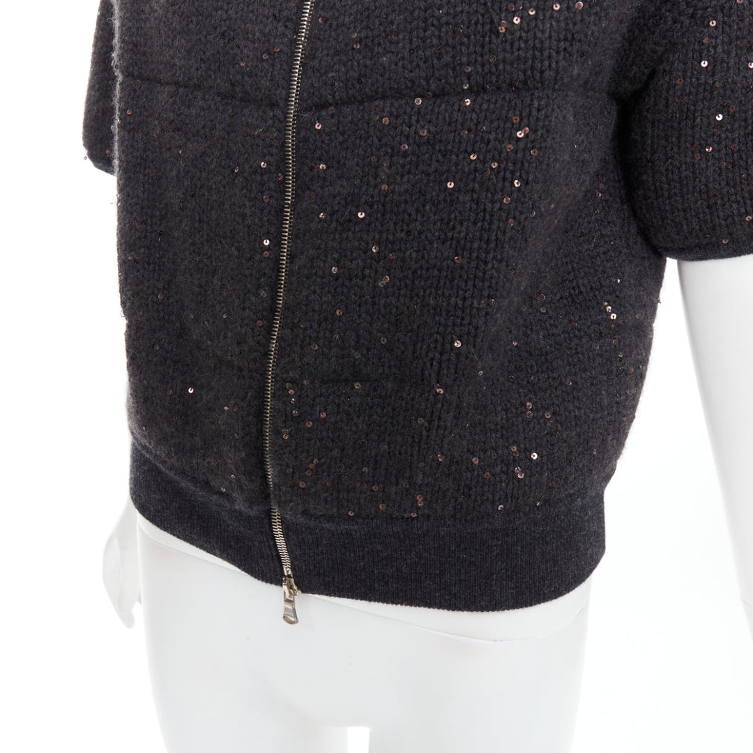 BRUNELLO CUCINELLI Cashmere dark grey sequin padded crop cardigan M