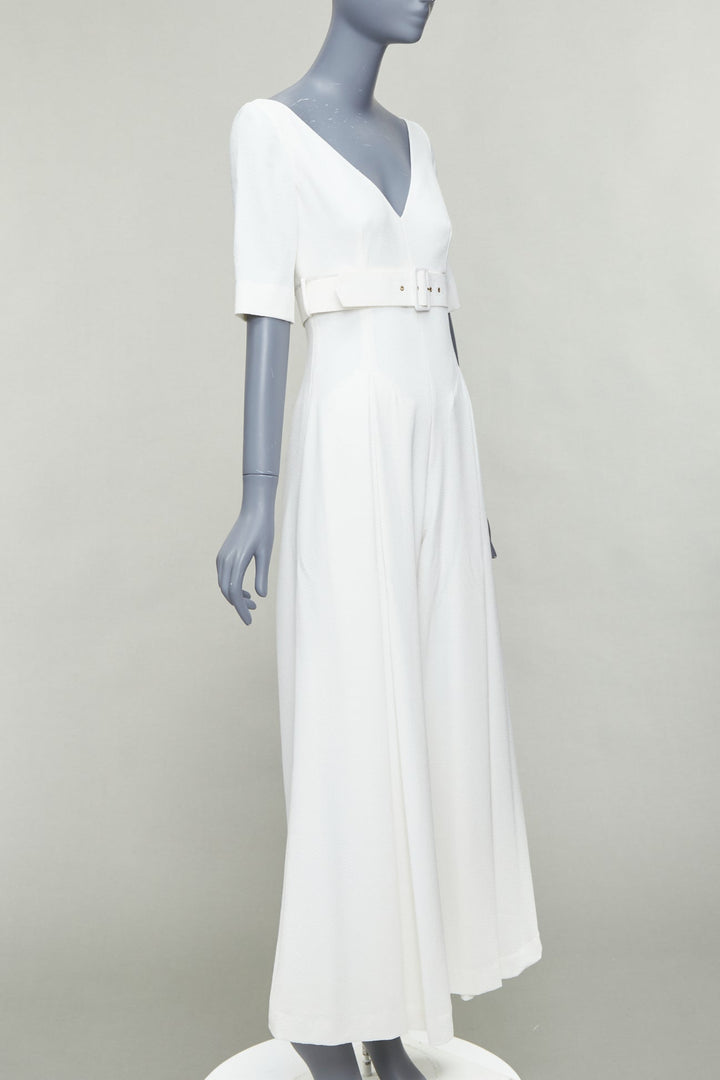 EMILIA WICKSTEAD cream cloque wide leg v neck belted jumpsuit UK8 S