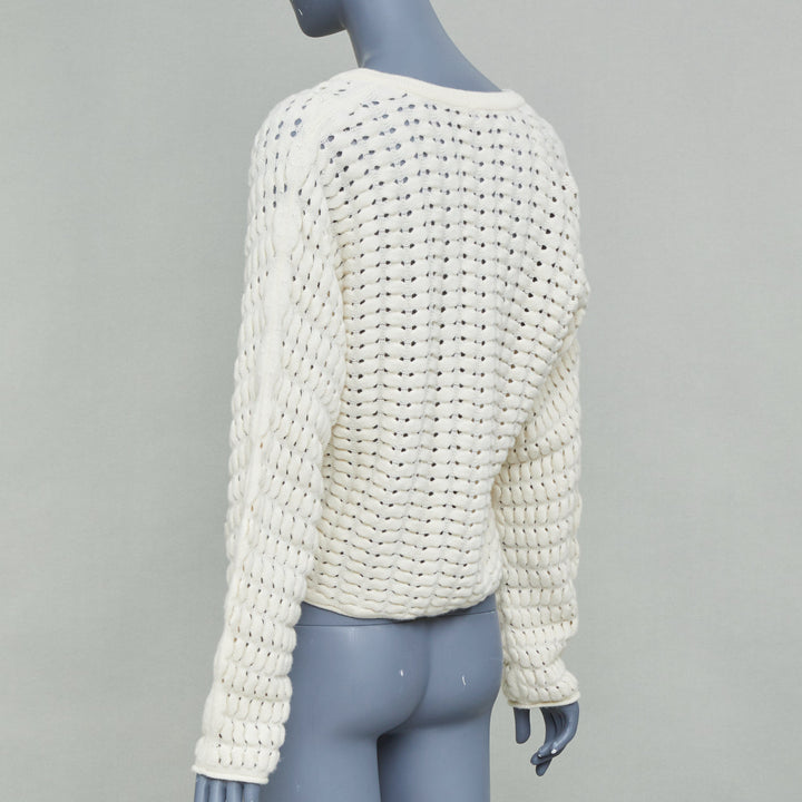 THEORY cream white wool cashmere open knit cable cropped knit cardigan S