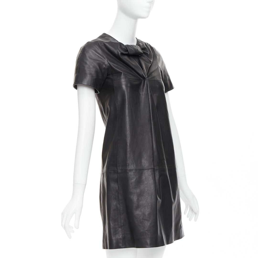 CESARE FABBRI black bow leather silk lined short sleeve dress IT40 S