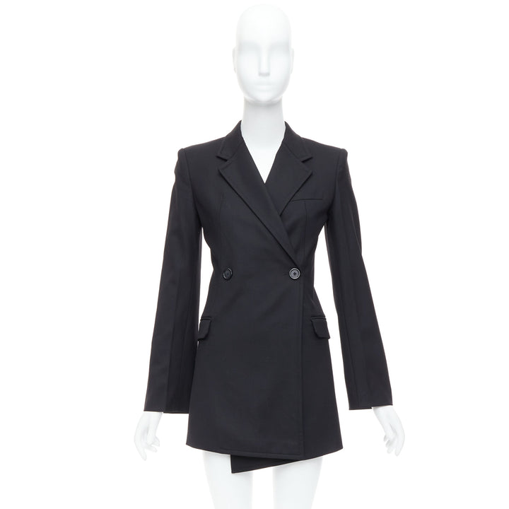 HELMUT LANG black virgin wool blend twill flare long blazer US0 XS