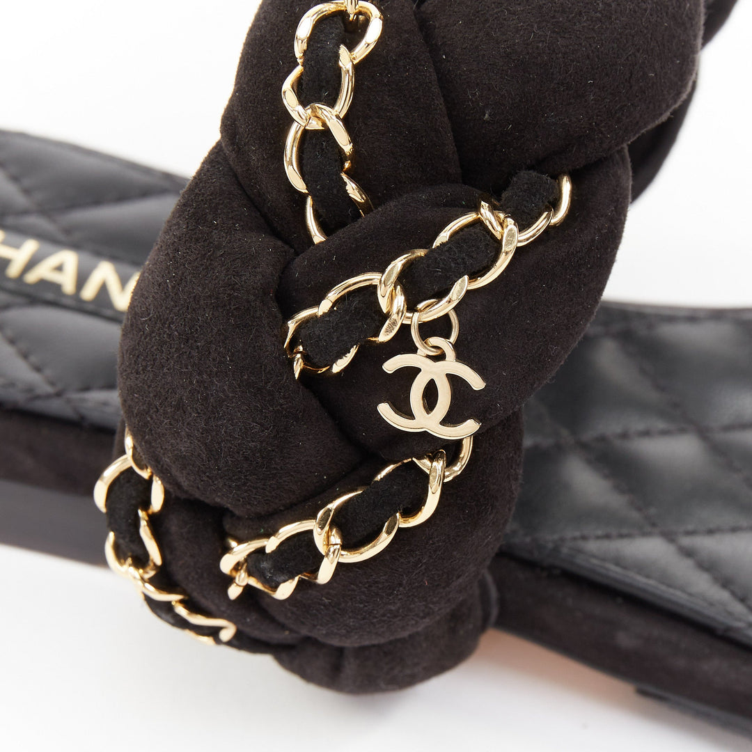CHANEL 2017 braided suede chain CC logo open toe slip on flat sandals EU37C