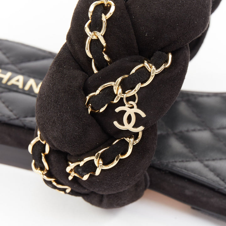 CHANEL 2017 braided suede chain CC logo open toe slip on flat sandals EU37C