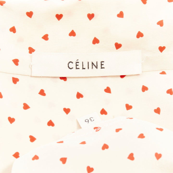 OLD CELINE Phoebe Philo cream red micro heart pussy bow neck tie blouse FR36 S
