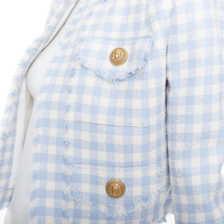 BALMAIN light blue white plaid tweed trim 4 pocket cropped jacket FR34 XS