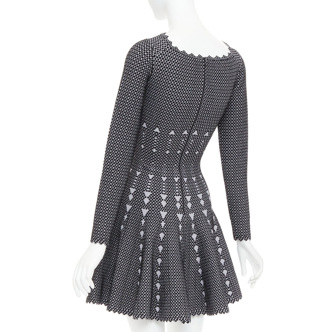 ALAIA black grey virgin wool blend dot graphic skater fit flared dress FR36 S