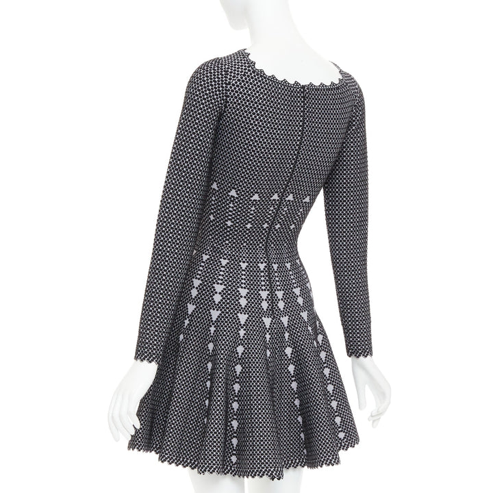 ALAIA black grey virgin wool blend dot graphic skater fit flared dress FR36 S