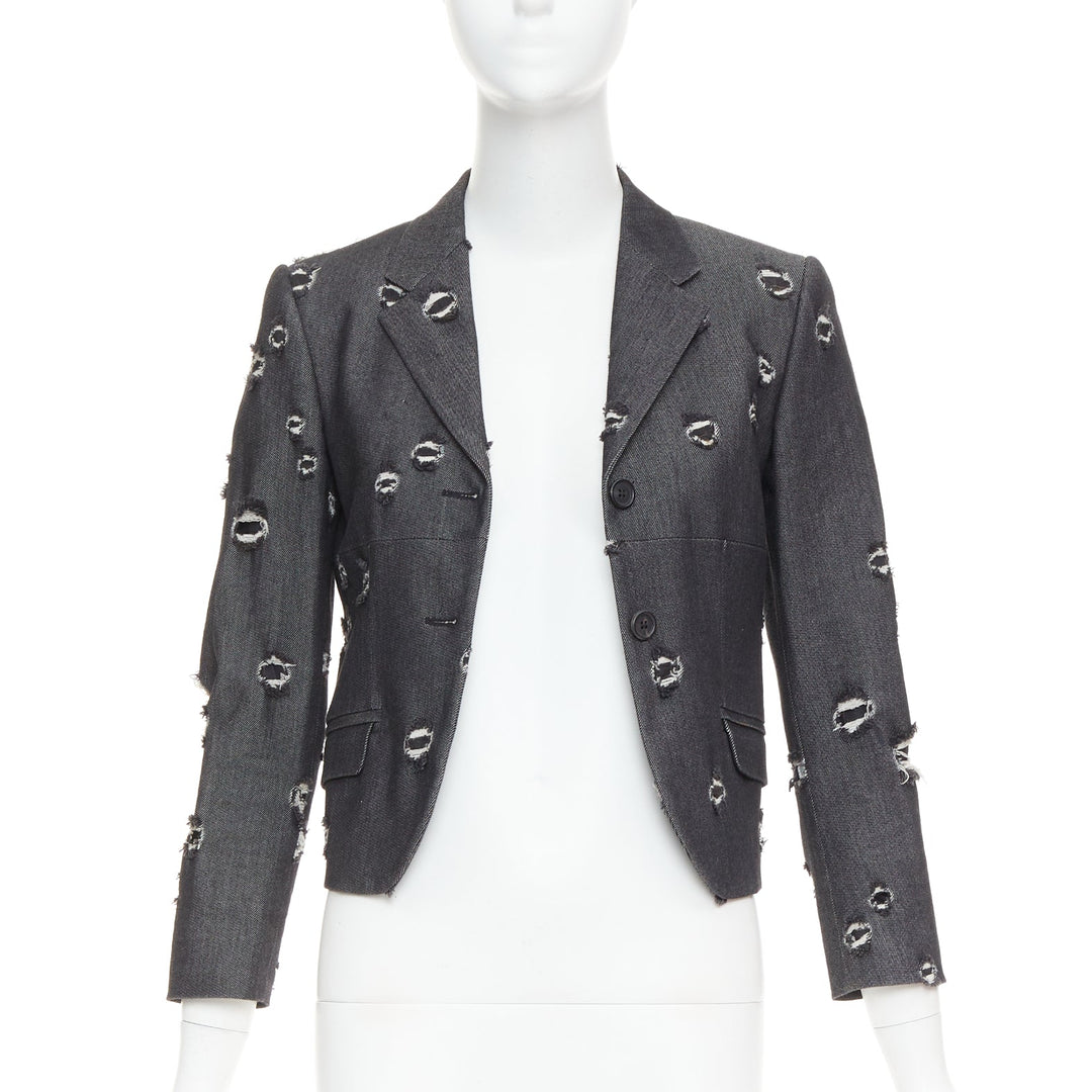 MIU MIU 2009 grey distressed holey cotton crop blazer schoolboy jacket IT38 XS