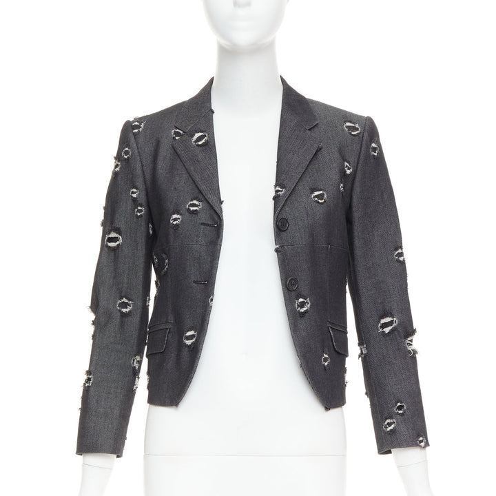MIU MIU 2009 grey distressed holey cotton crop blazer schoolboy jacket IT38 XS