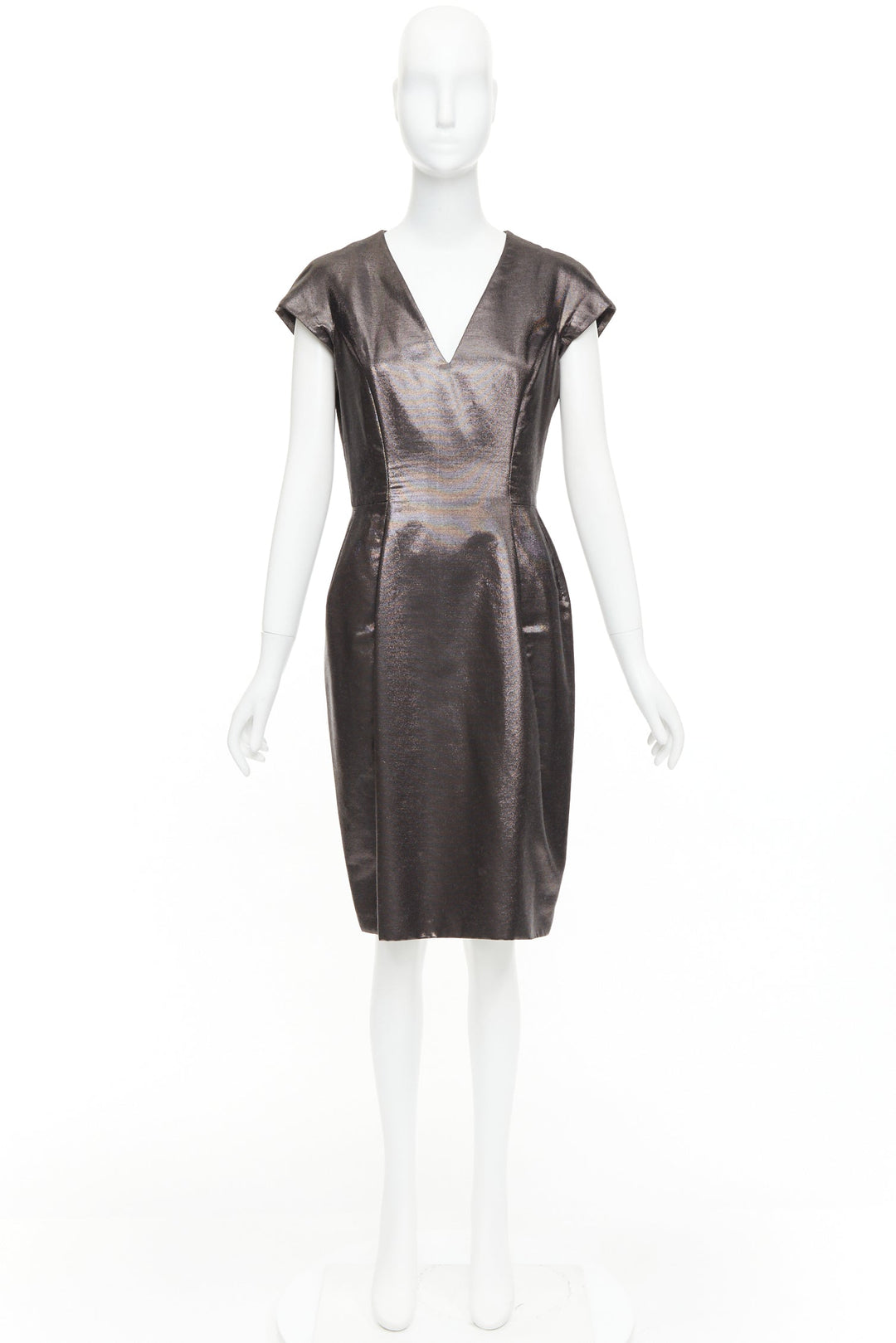 YVES SAINT LAURENT 2009 bronze metallic look V neck sheath dress FR40 S