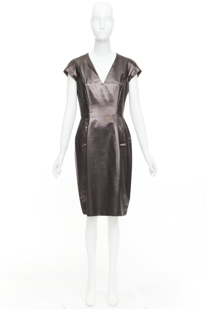 YVES SAINT LAURENT 2009 bronze metallic look V neck sheath dress FR40 S