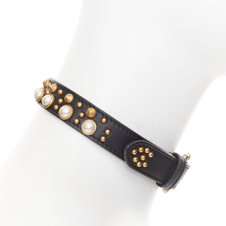 GUCCI 2017 black calfskin gold GG faux pearl embellished choker necklace