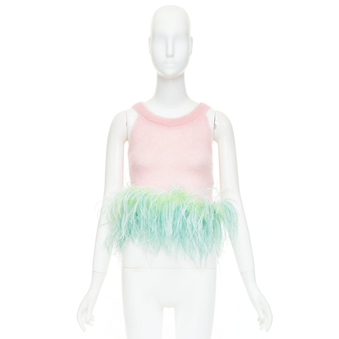 SAINT LAURENT 2022 Runway pink mohair wool green feather hem crop sweater M