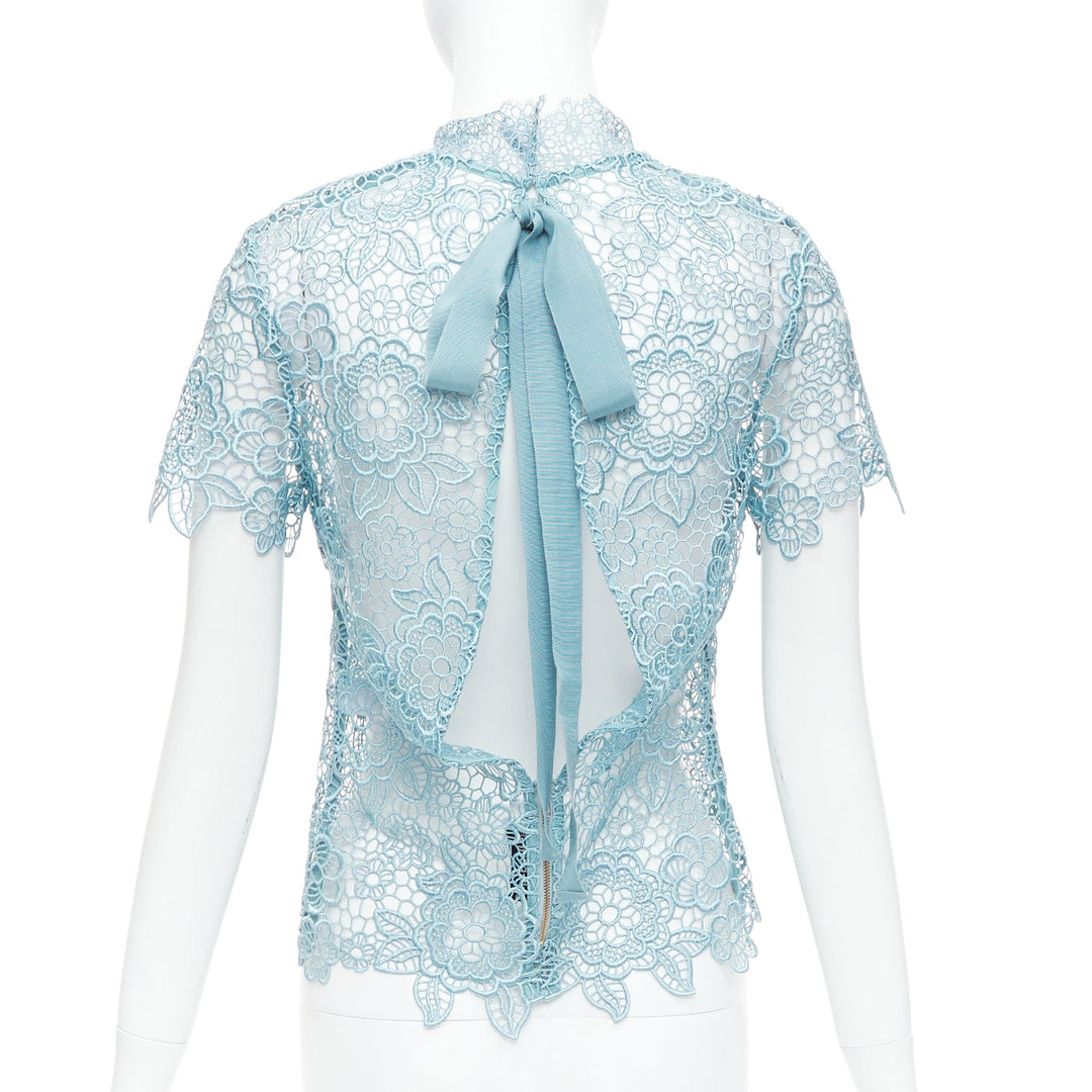 SELF PORTRAIT Guipure sky blue lace open-back scallop top UK6 XS