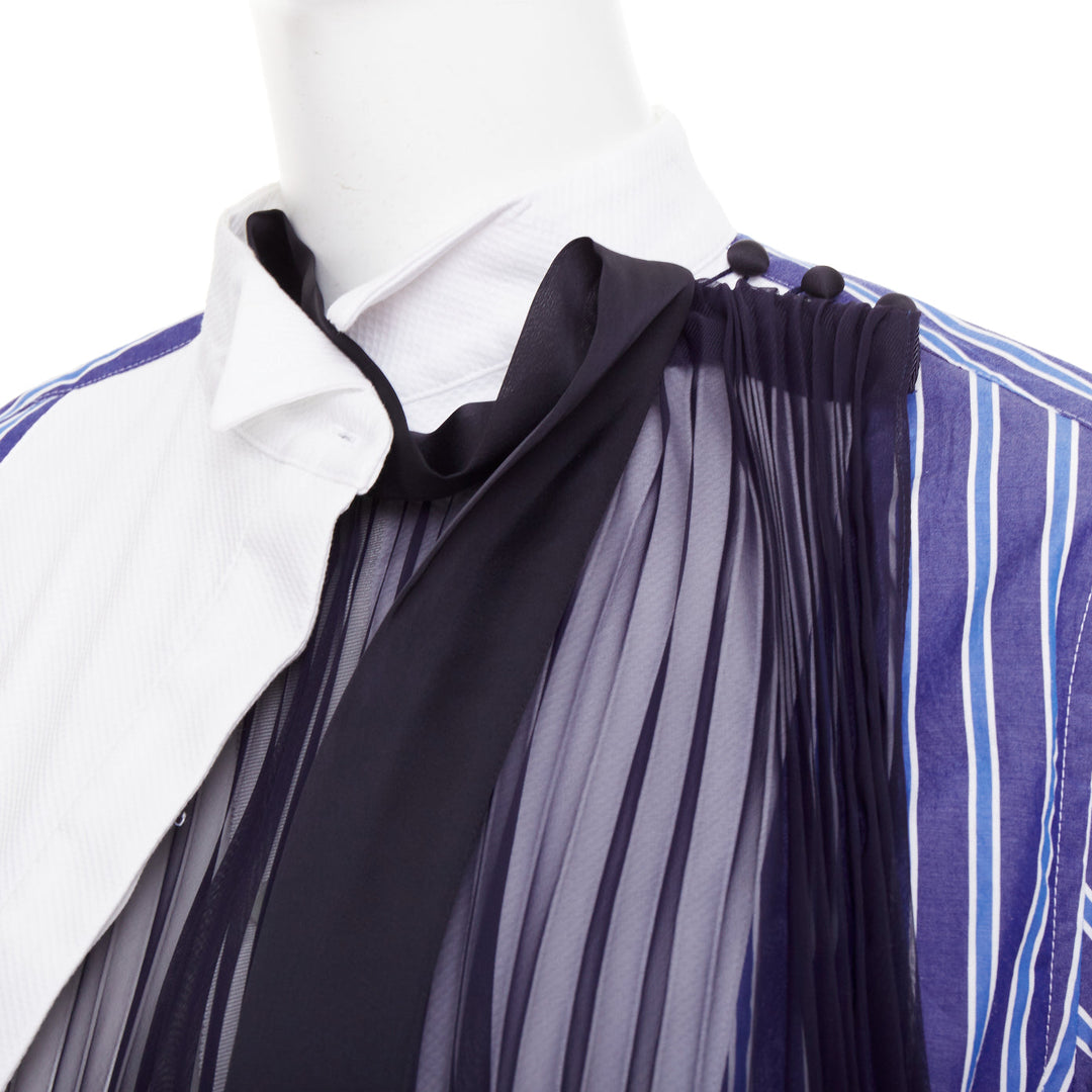 SACAI 2021 blue striped cotton bib collar sheer panel deconstructed shirt JP1 S