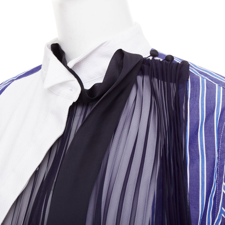 SACAI 2021 blue striped cotton bib collar sheer panel deconstructed shirt JP1 S