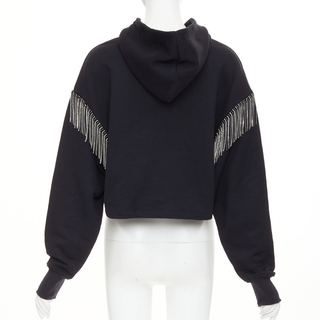 BALMA 2024 black crystal logo embellished fringe cropped hoodie sweatshirt XS