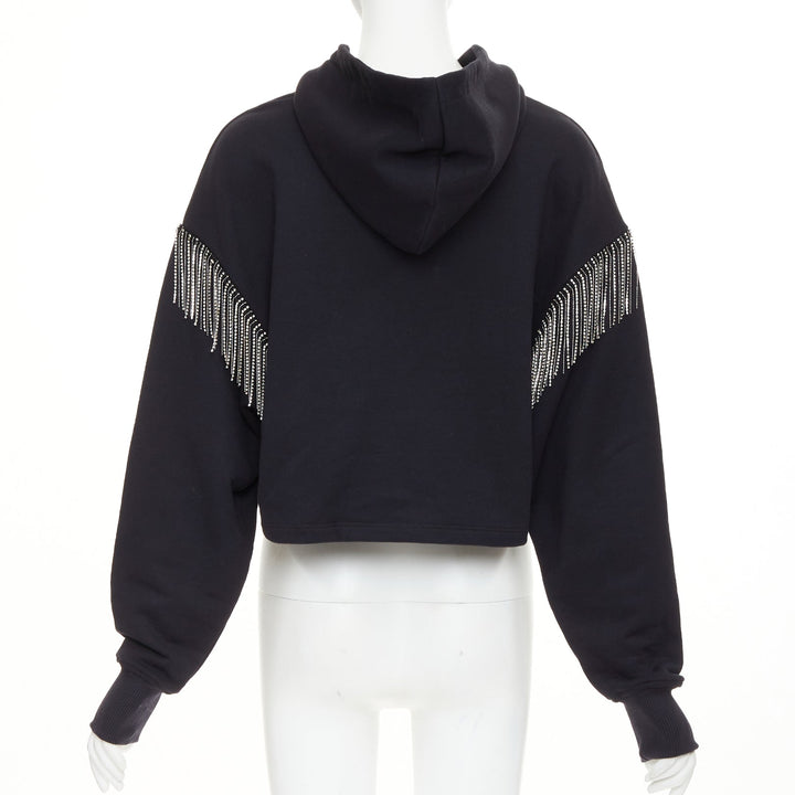 BALMA 2024 black crystal logo embellished fringe cropped hoodie sweatshirt XS