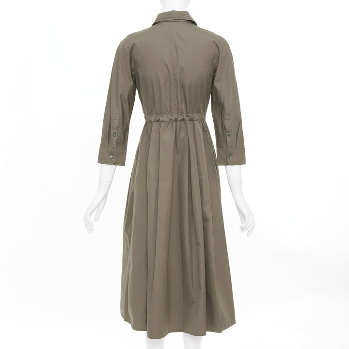 MAX MARA brown cotton poplin drawstring waist utility midi shirt dress IT36 XXS