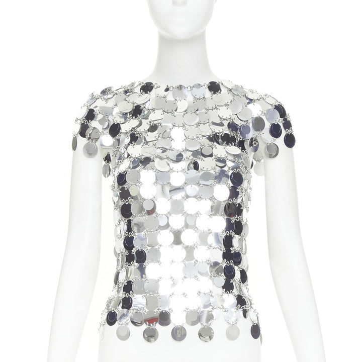 PACO RABANNE The Iconic silver metallic disc short sleeves paillettes top M