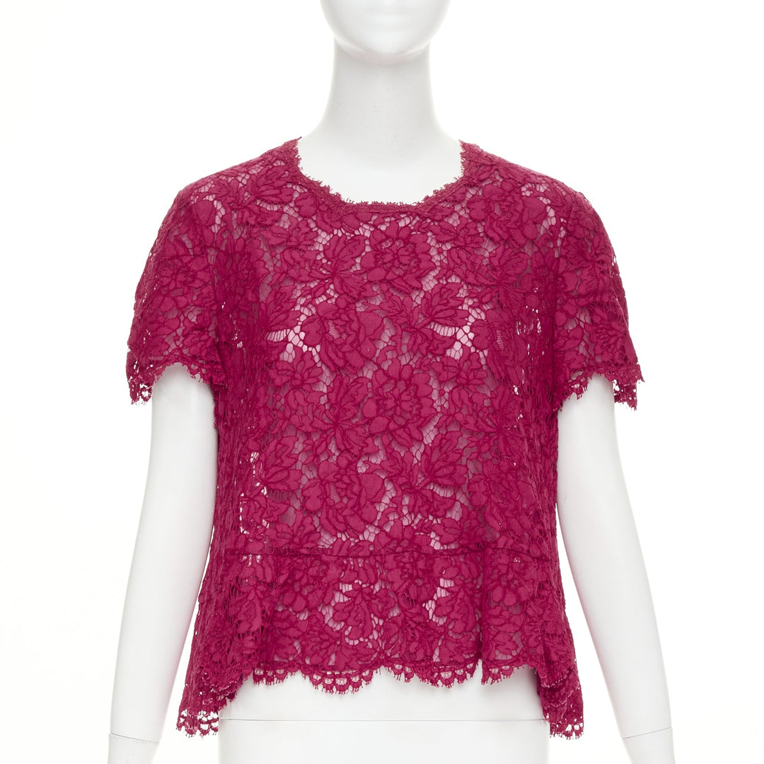 VALENTINO raspberry pink floral lace semi sheer peplum short sleeve top M