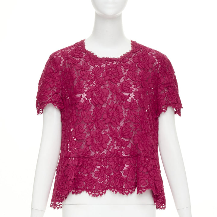 VALENTINO raspberry pink floral lace semi sheer peplum short sleeve top M