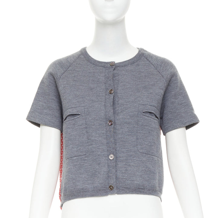 MARNI 2016 grey cotton raglan short sleeve red tweed back crop cardigan IT40 S