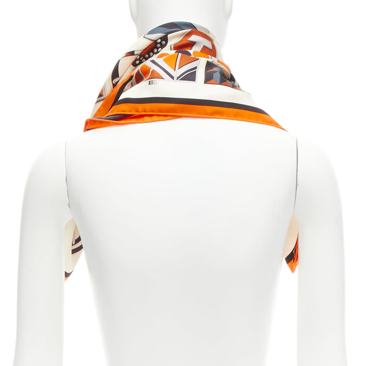 HERMES 100% silk orange border H buckle horsebit chain scarf