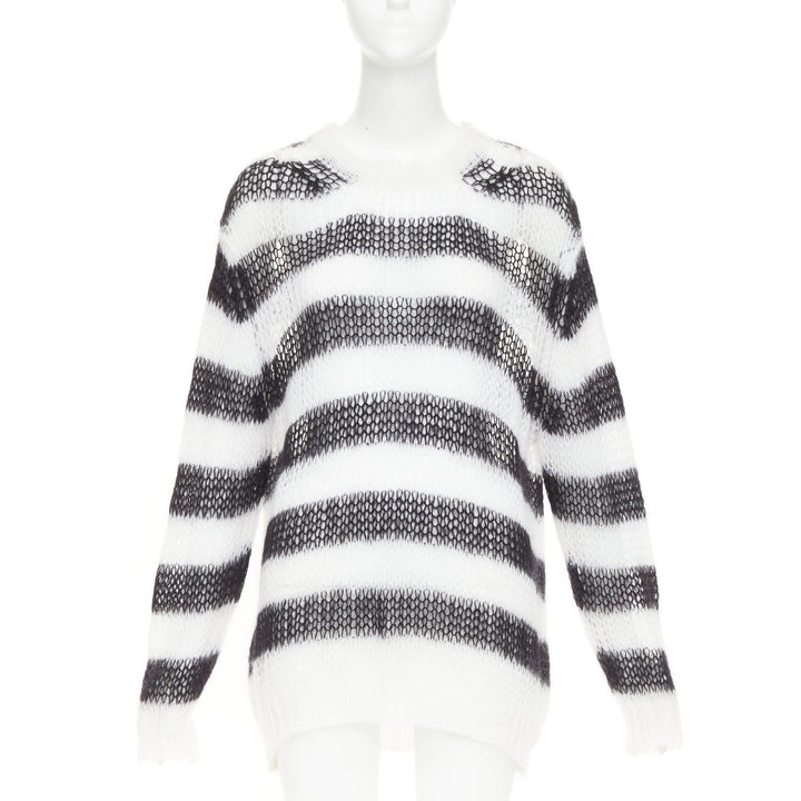 DIOR 2019 black white open knit mohair striped oversized sweater FR40 L