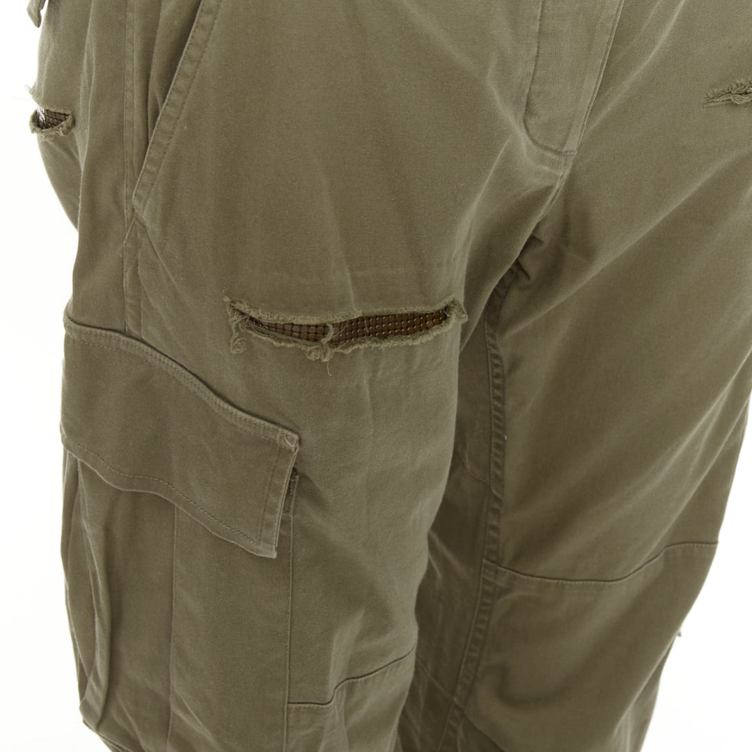 BALMAIN khaki cotton blend ripped chainmail details low waist cargo pants FR36 S