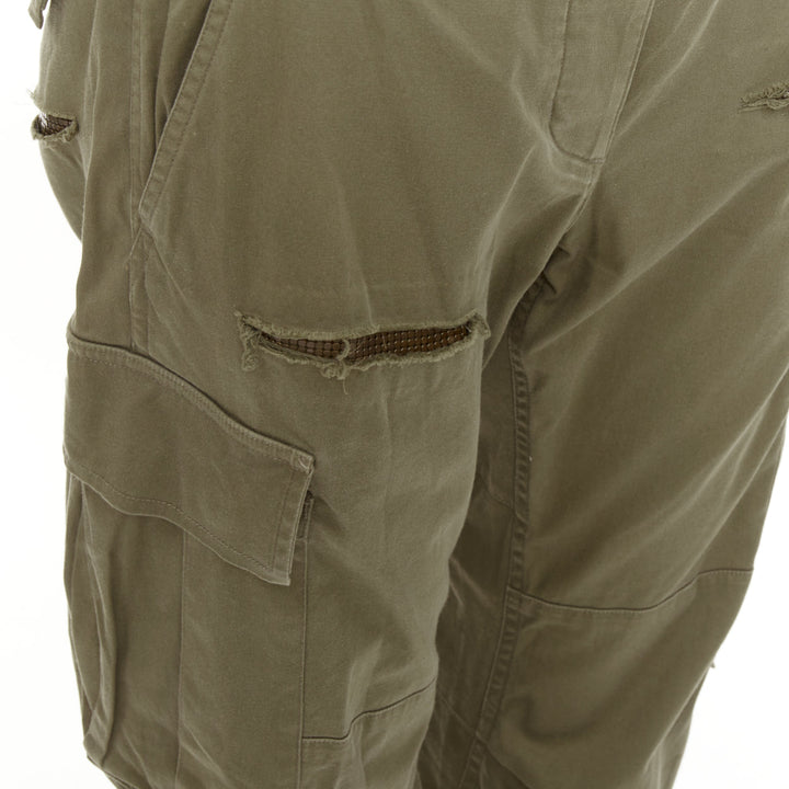 BALMAIN khaki cotton blend ripped chainmail details low waist cargo pants FR36 S