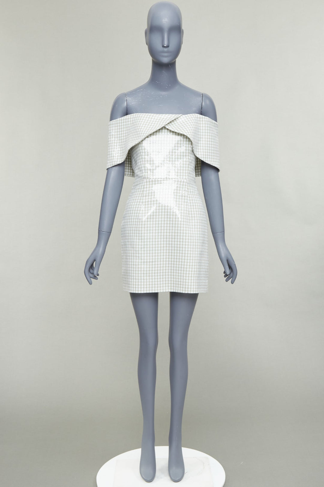 MARKARIAN Runway Regina green white sequin gingham cold shoulder dress US0 XS