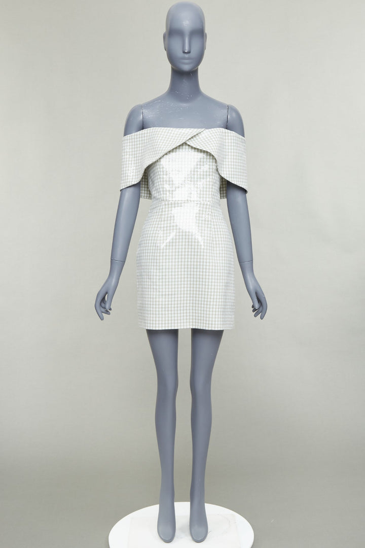 MARKARIAN Runway Regina green white sequin gingham cold shoulder dress US0 XS