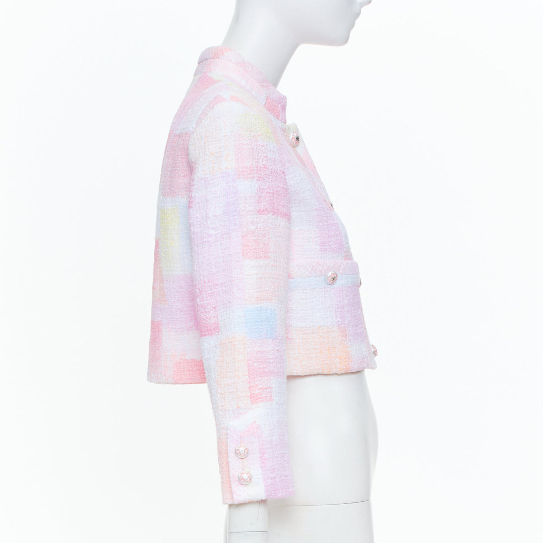 CHANEL 2023 Runway pastel pink painted check pearl button crop tweed jacket FR36