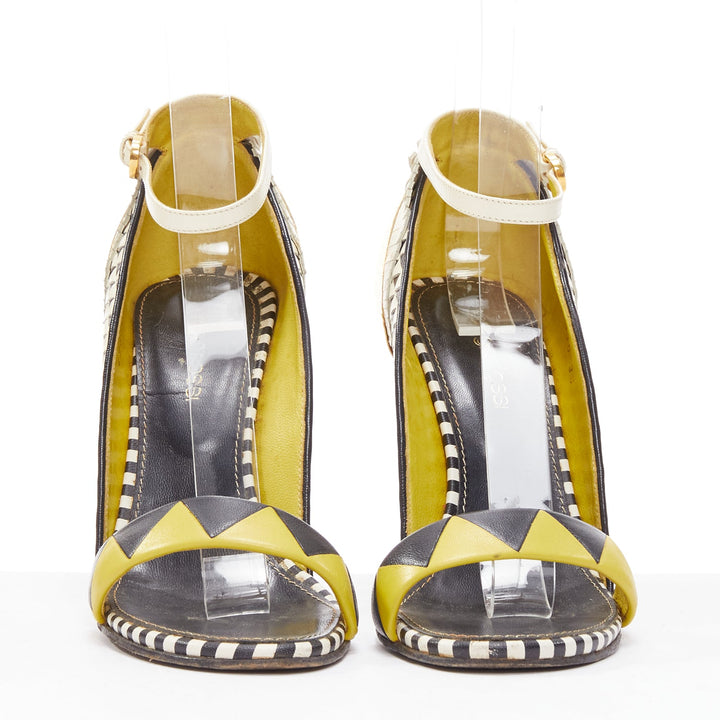 SERGIO ROSSI gold cap heel geometric yellow black wedge sandals EU36