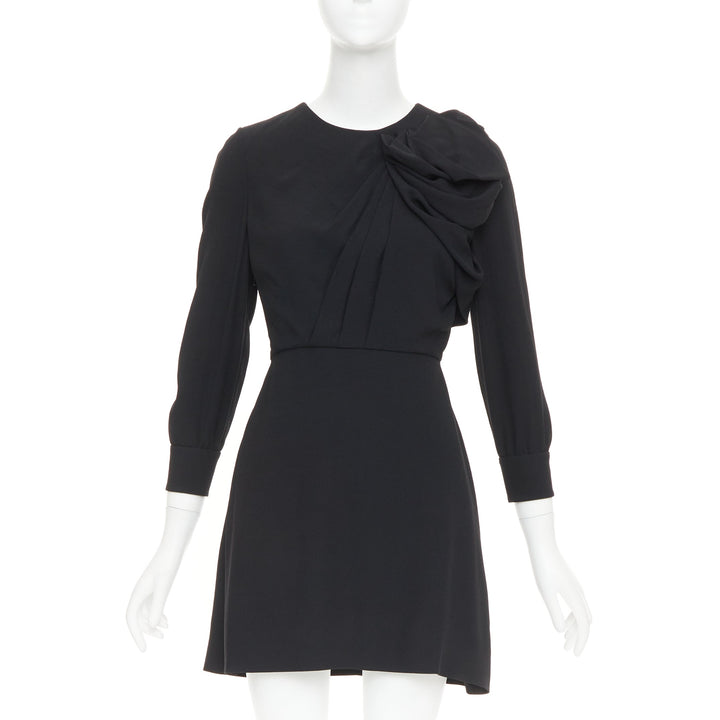 SAINT LAURENT 2014 black crepe draped bow front pleated  mini dress FR36 S