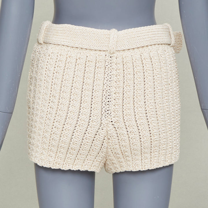 CHANEL 2025 Runway beige chain buckle belted textured ribbed knit shorts FR34 XS