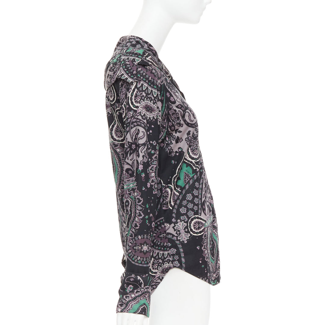 BURBERRY 100% silk black purple green grey paisley print dress shirt M