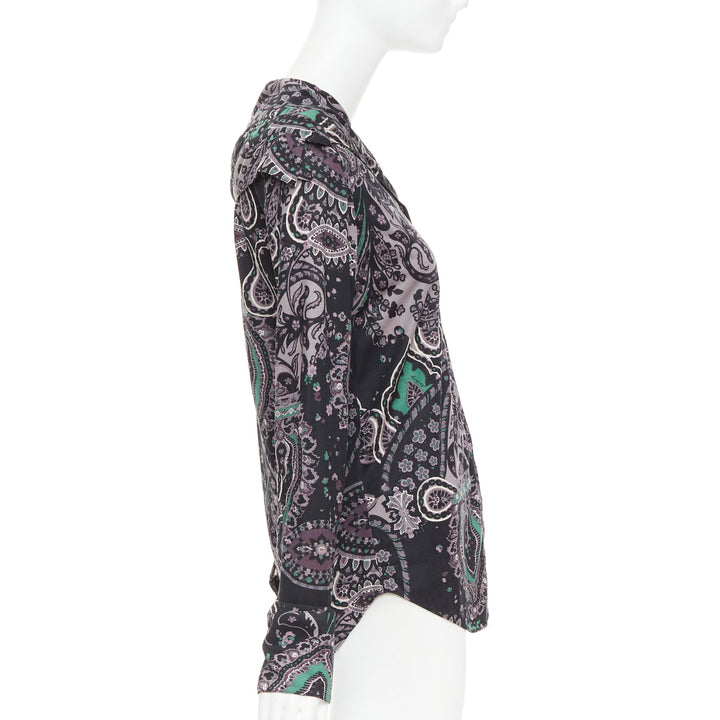 BURBERRY 100% silk black purple green grey paisley print dress shirt M