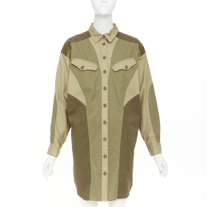 ISABEL MARANT ETOILE khaki green cotton patchwork batwing shirt dress FR36 S