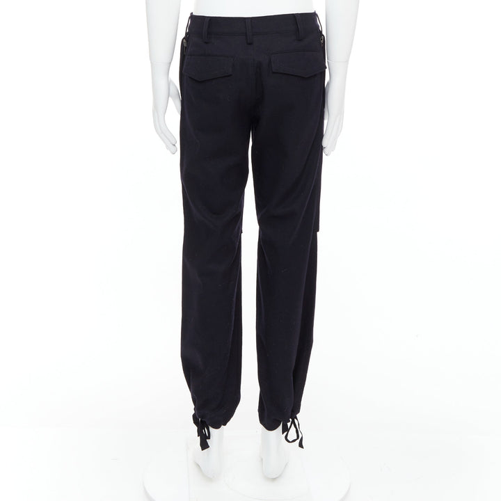 YOHJI YAMAMOTO black 100% wool zip side pocket drawstring hem wide pants JP3 L